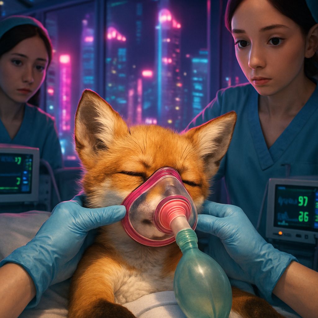 Neon ICU Anime Scene: Fox Kit Under Anesthesia