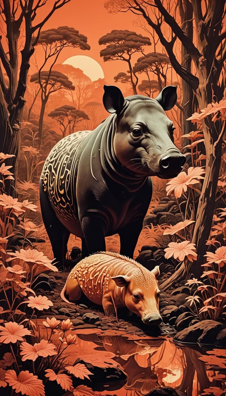 Bioluminescent Tapir Geisha in Surreal Alien Landscape