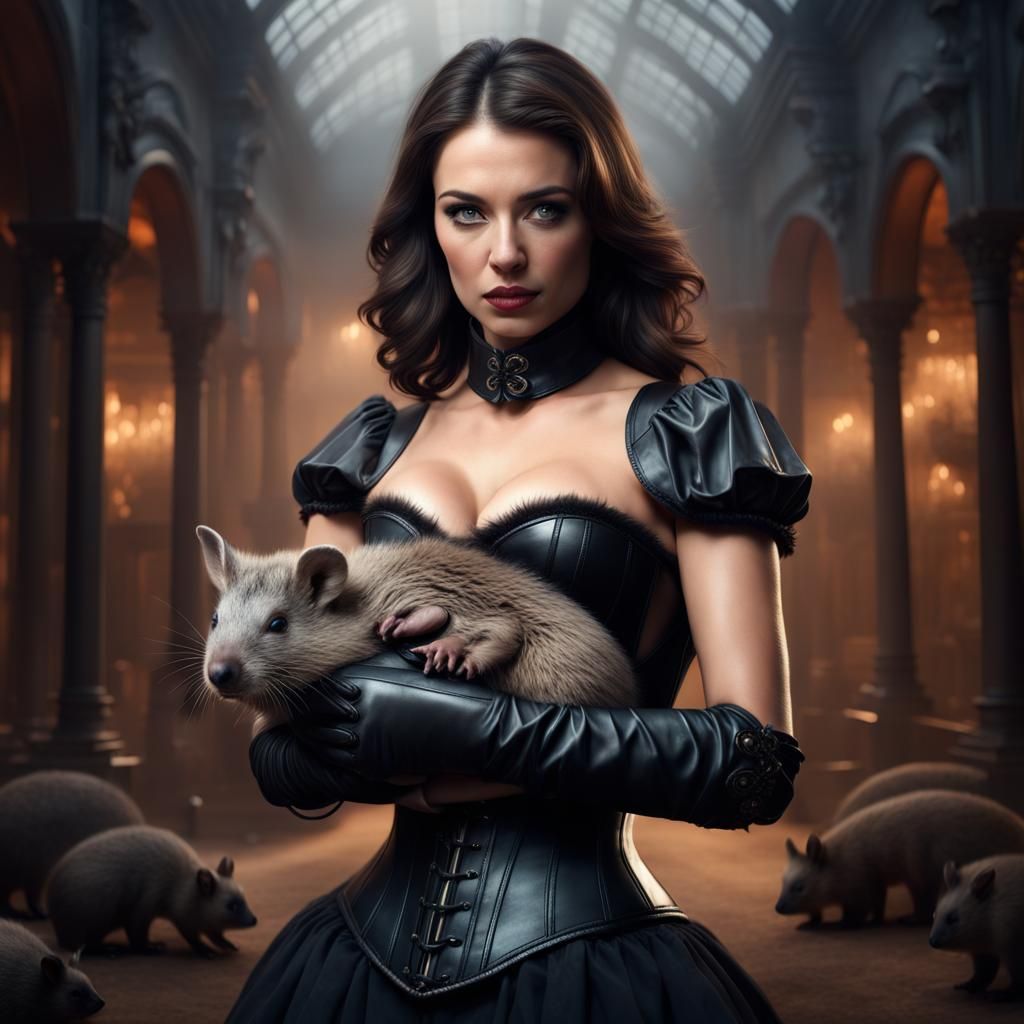 Brunette in Corset with Wombat: Digital Matte Painting