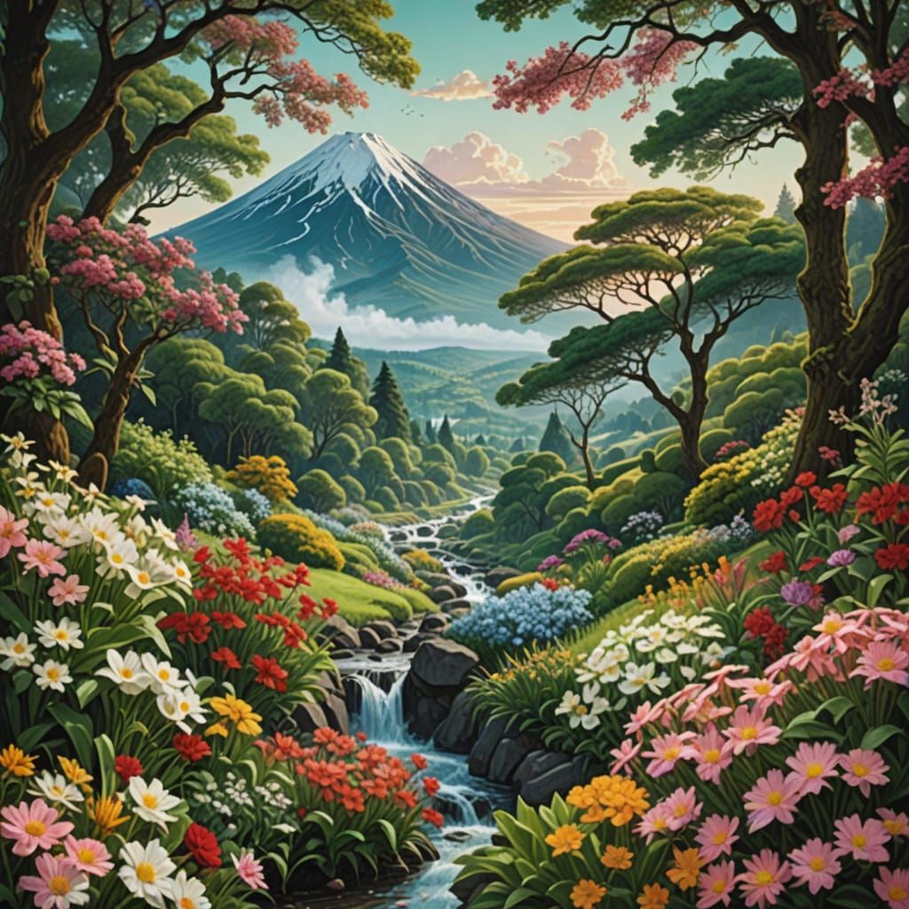 Vibrant Floral Paradise with Majestic Volcano
