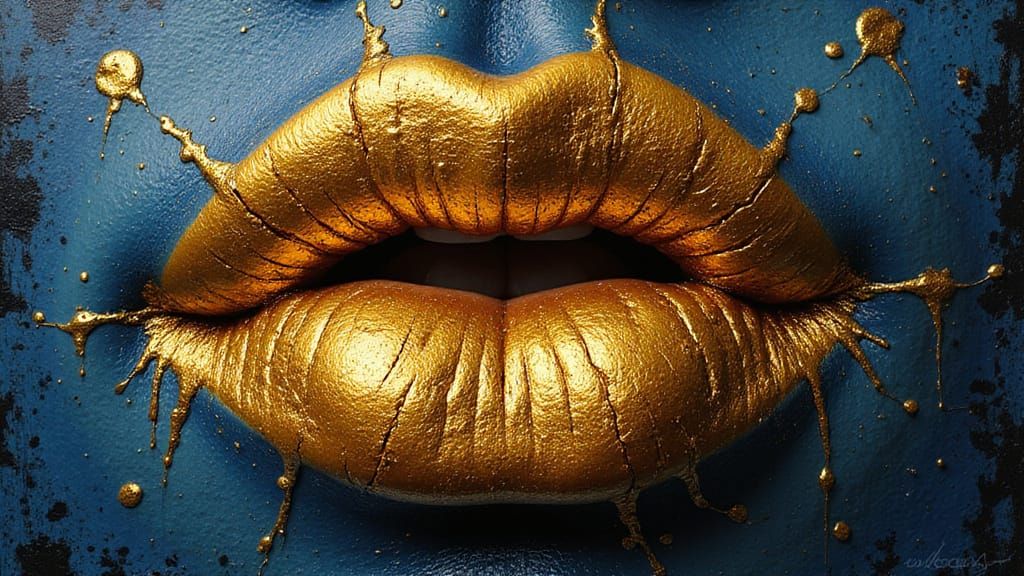 Gold Lips with Cracked Texture and Ink Splatter