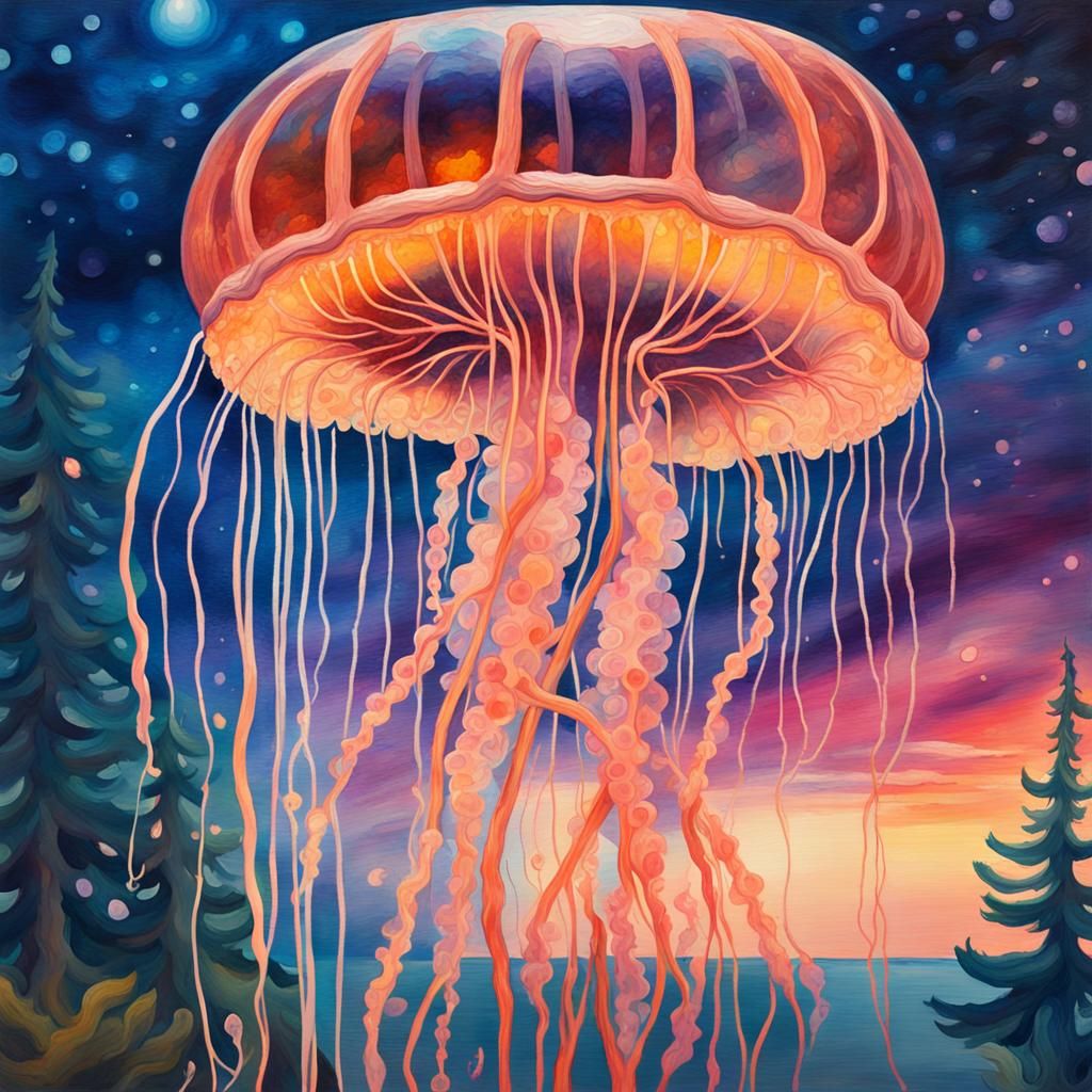 Bioluminescent Jellyfish Tree of Life in Gouache Style