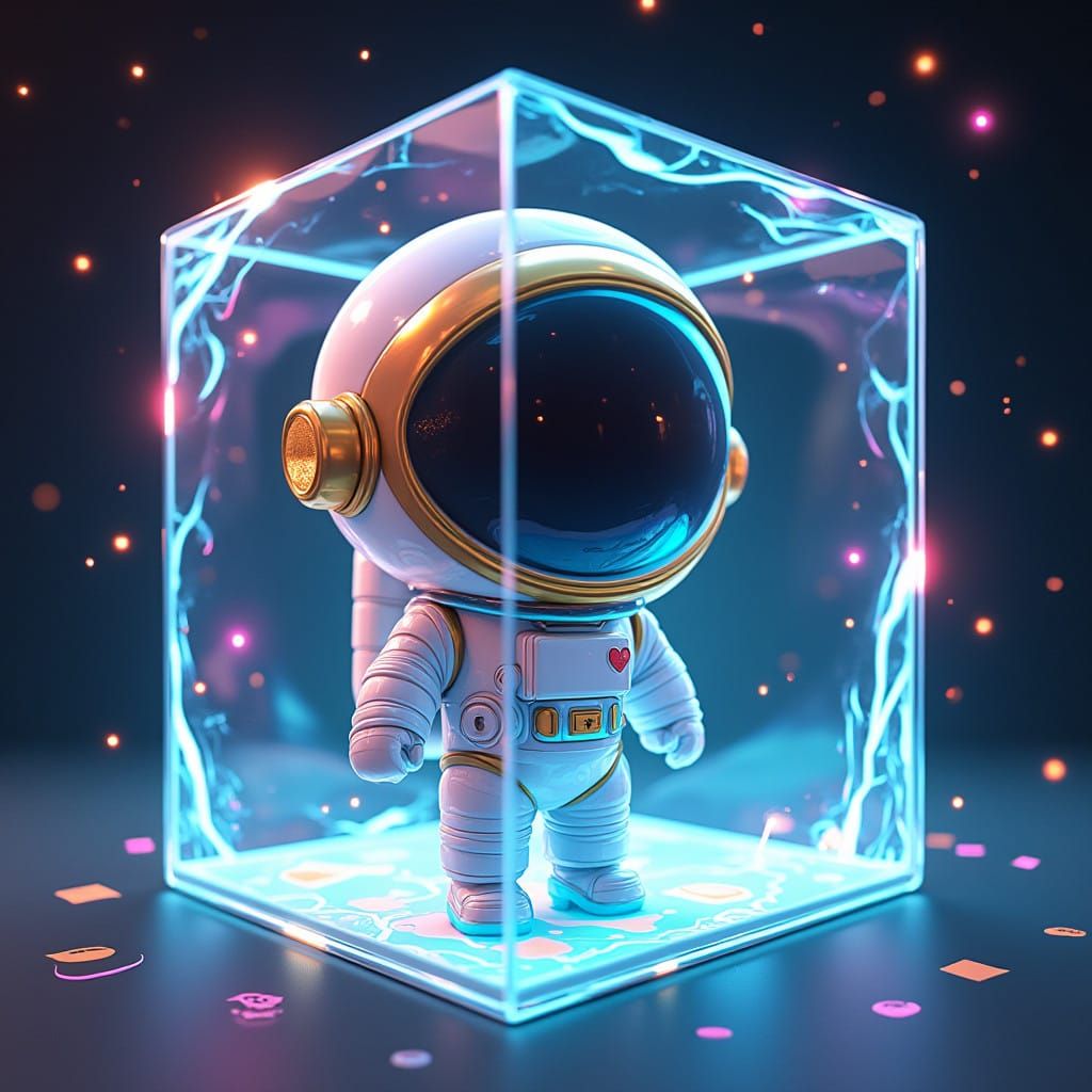 Chibi Space Explorer in Vibrant, Neon-Lit Space Station