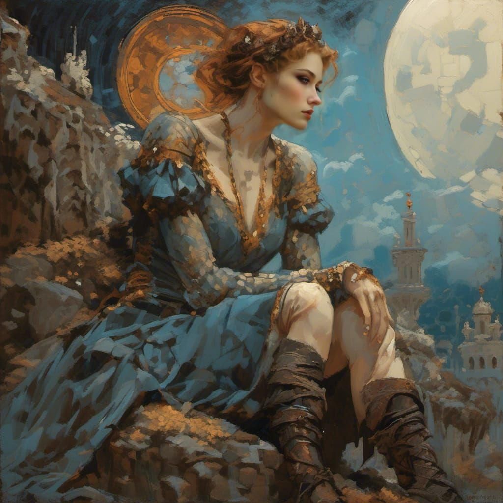 Brooding Gothic Woman Under Blue Moon