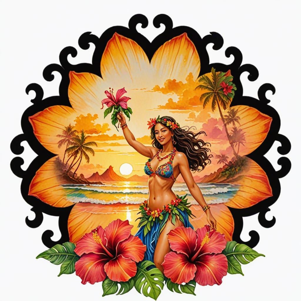 Hula Dancer with Surfboard and Hibiscus in Maximalist Style