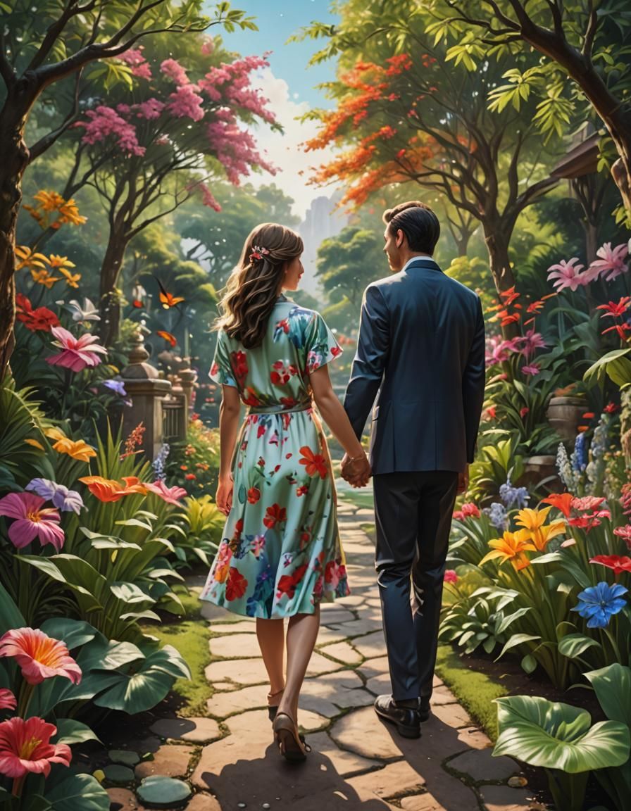 Back shot of a husband and wife holding hands, paradise garden background.