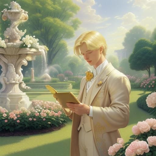 Apollo Reads iPad in Peony Garden: Kinkade Style