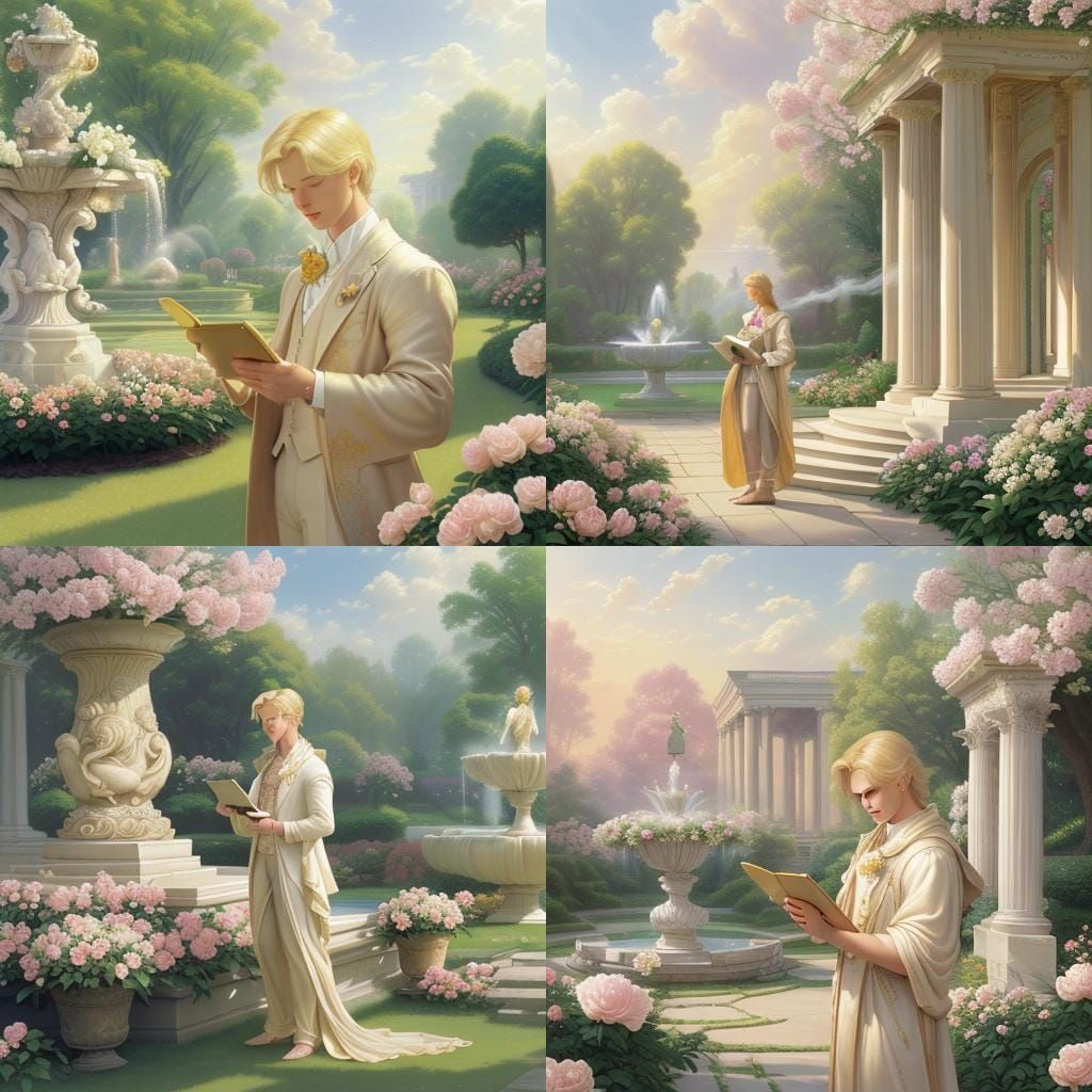Apollo in Garden with iPad: Kinkade Style