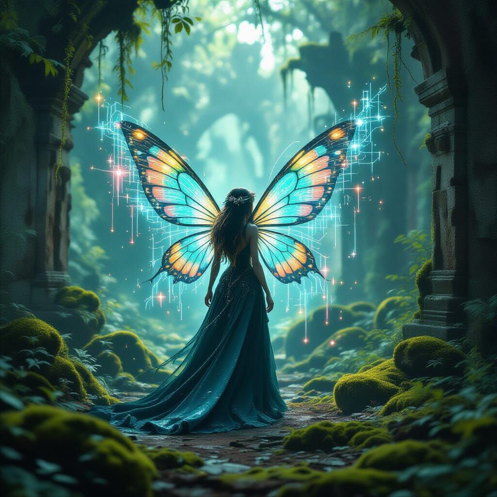 Fairy with Circuit Wings Glitches in Overgrown Forest Ruins