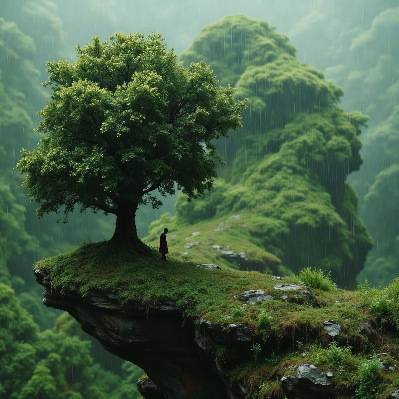 Surreal Overgrown Landscape in Rainy Atmosphere