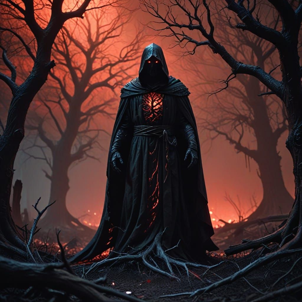 Dark Fantasy Figure in Ominous Landscape