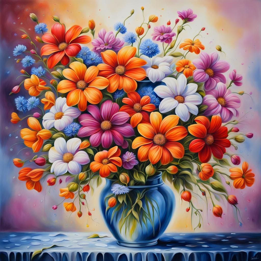 Flowers in Bloom, Vibrant Colors, High Detailed, Clean Oil painted Airbrush