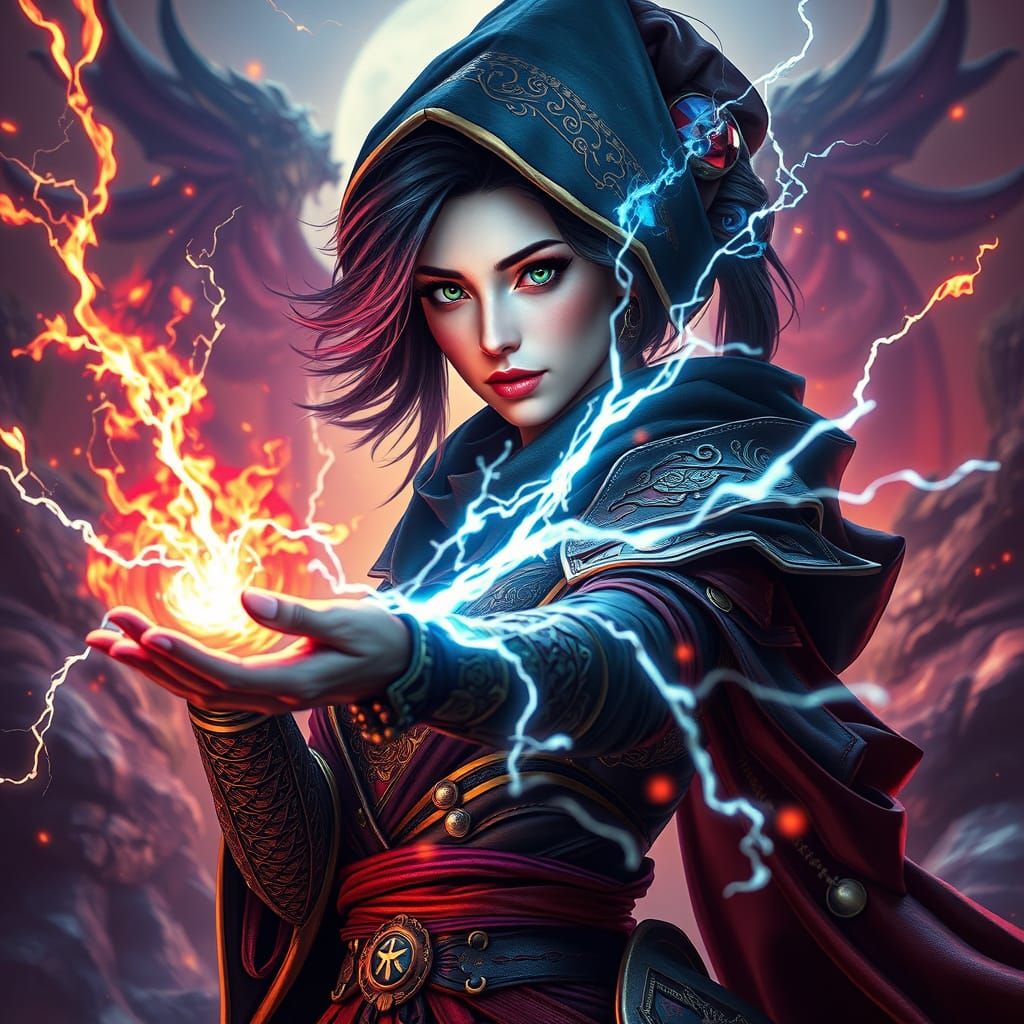 Elegant Sorceress Unleashes Electric Magic