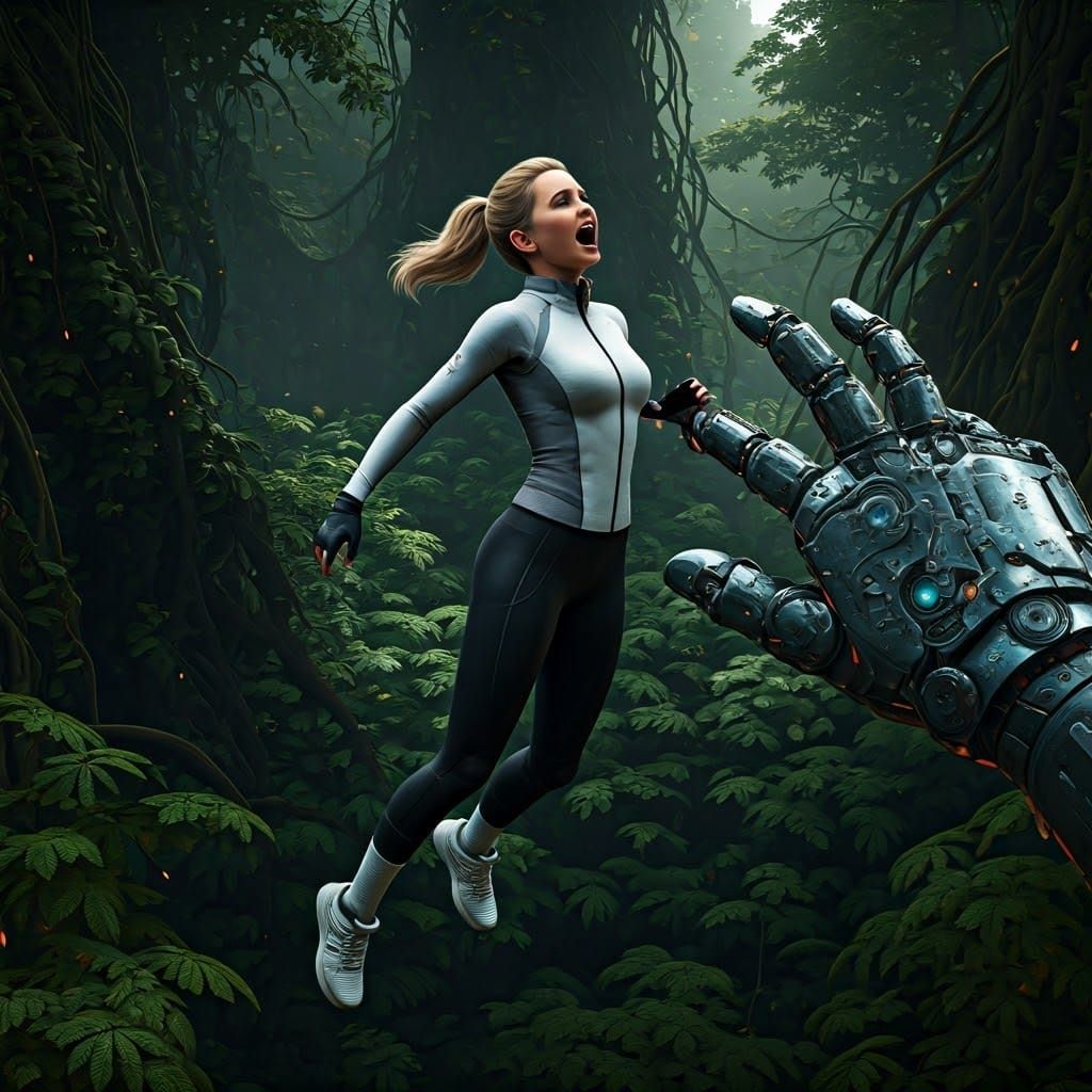 Woman Grabbed by Robot Hand in Sci-Fi Landscape