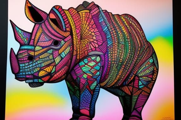 Steampunk Rhinoceros in Geometric Abstract Ink Painting