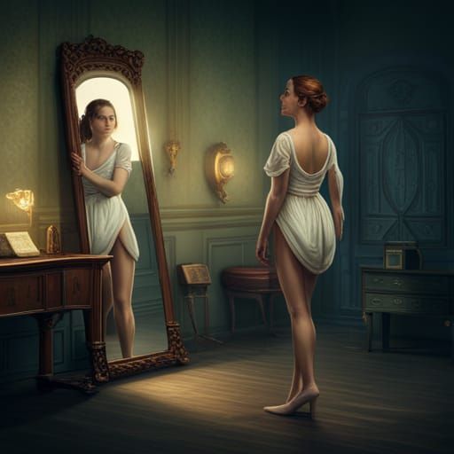 Sad Woman and Smiling Reflection, Dark Fantasy Art