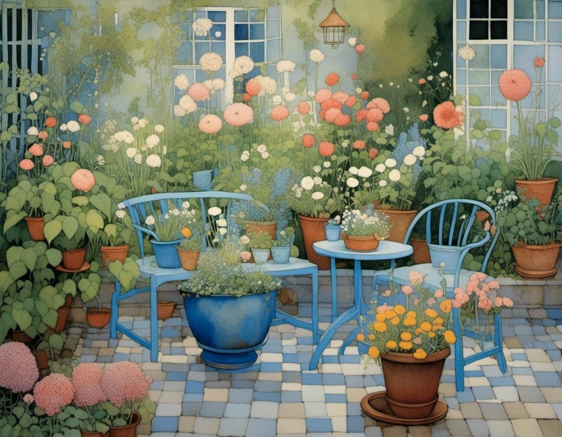 Whimsical Garden Oasis in a Vibrant Art Nouveau Style