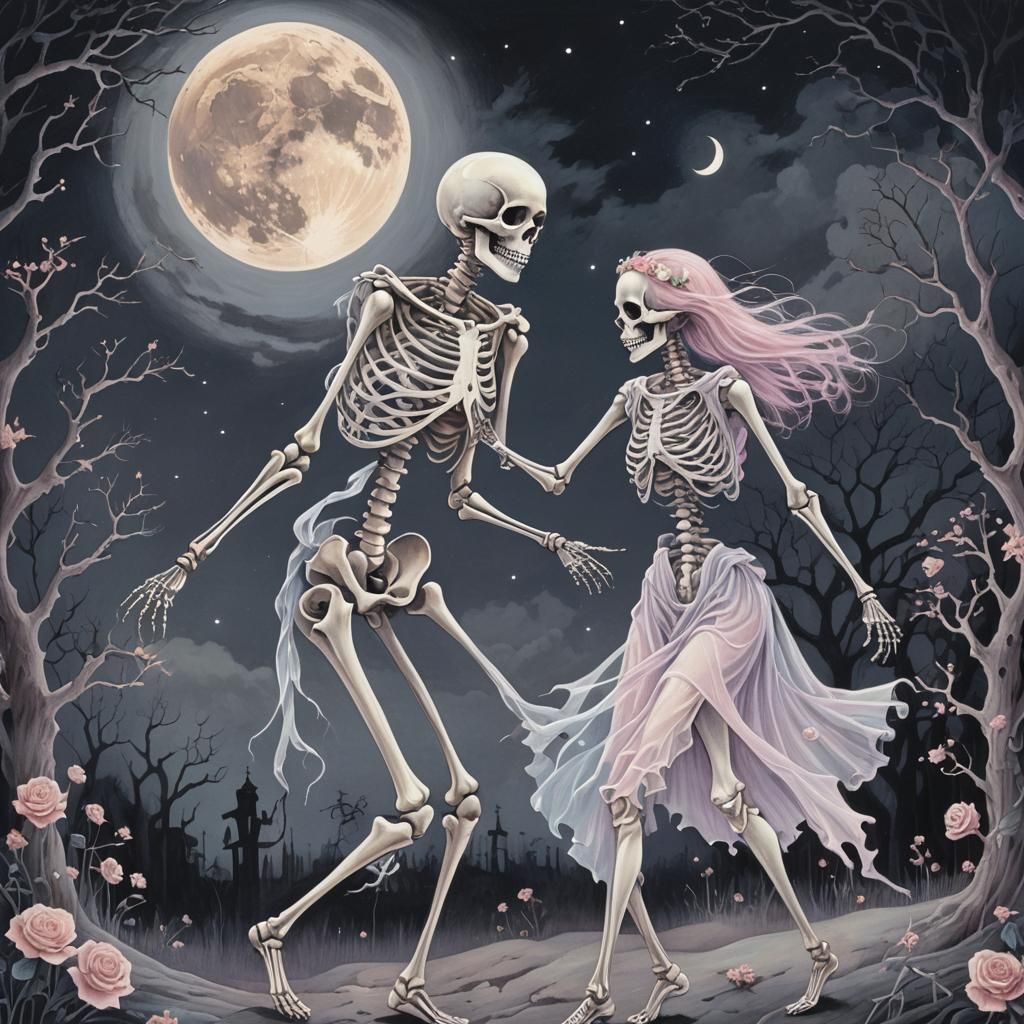 Macabre Skeleton Dance Under the Moon in Pastel Goth Style