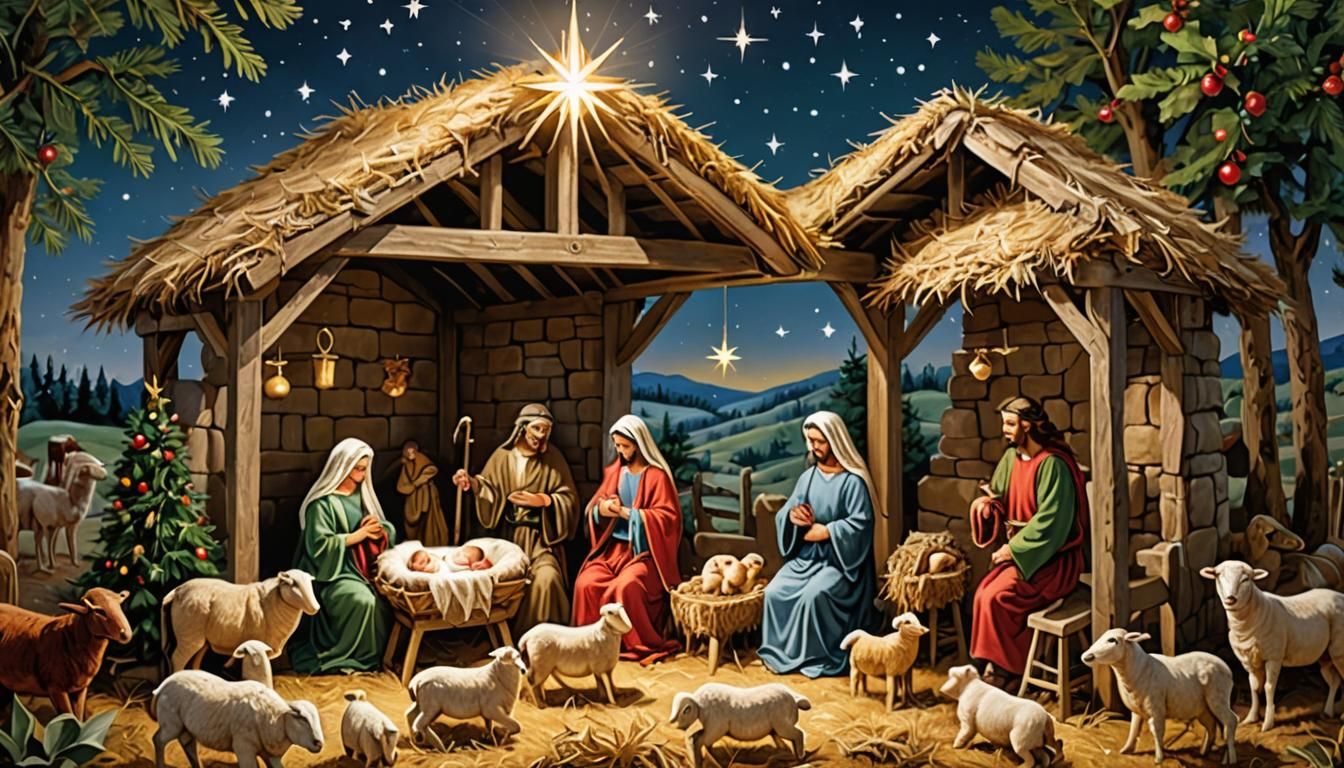 Nativity Scene: Birth of Jesus Christ in Classic Christmas S...