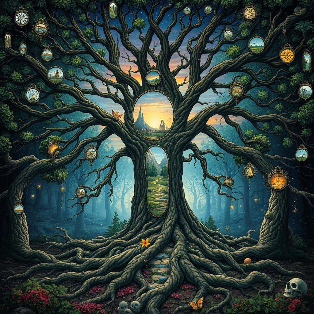 Surreal Tree Portal to Fantastical Worlds in Dreamlike Style