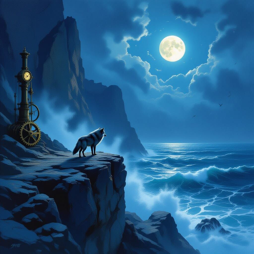 Lone Wolf on Cliff Overlooking Starry Ocean in Romantic Seas...