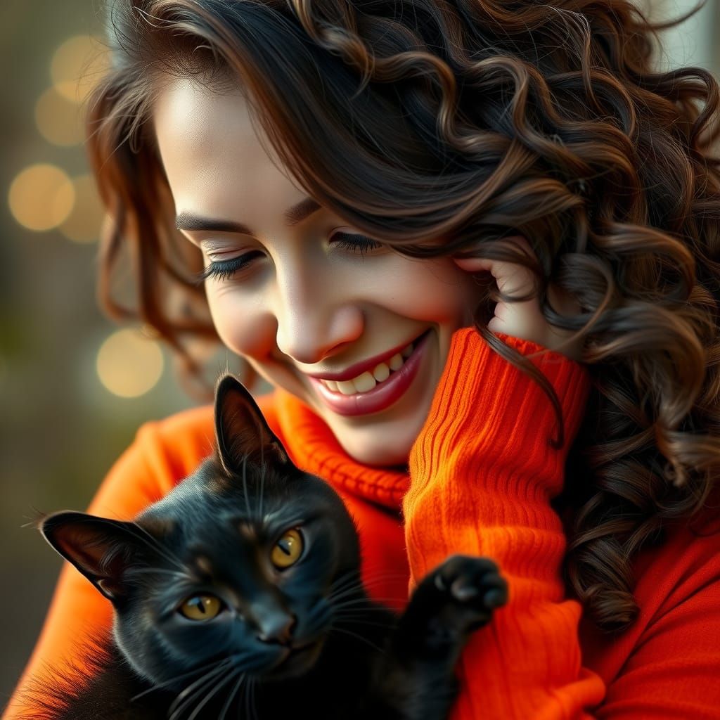 Brunette Cuddling Black Cat Portrait