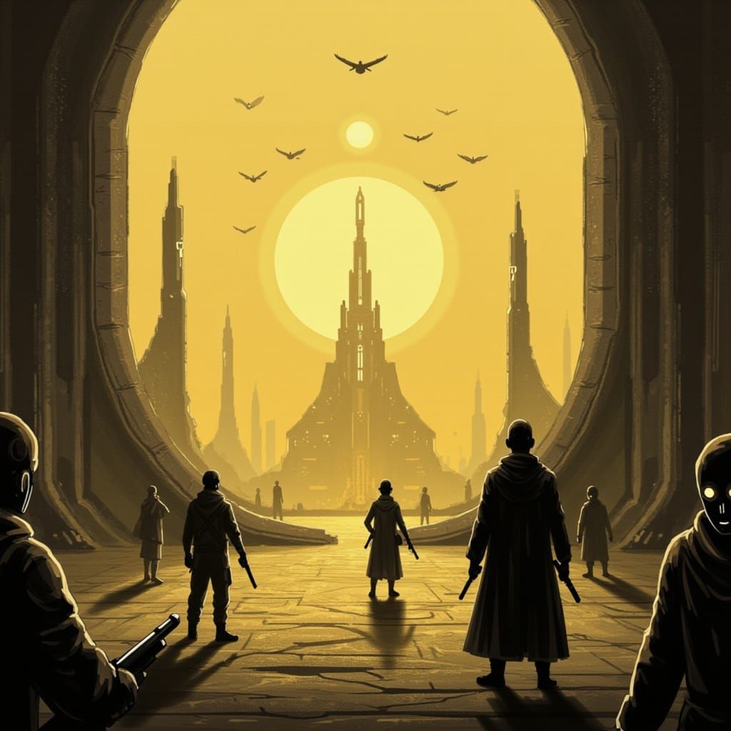 Sepia Ink-Punk Carcosa Panorama Under Dusk Sky