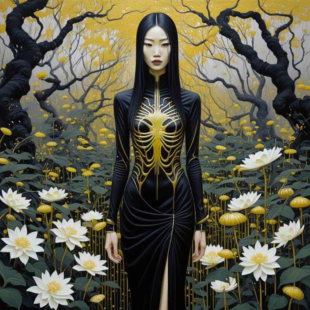 Slender Woman in Black and Gold Amidst Alien Flowers