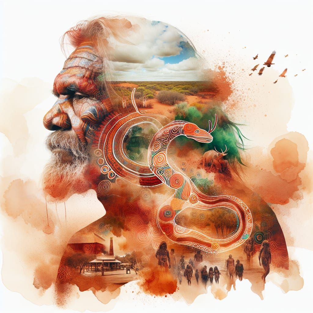 Aboriginal Elder and Rainbow Serpent in Watercolor