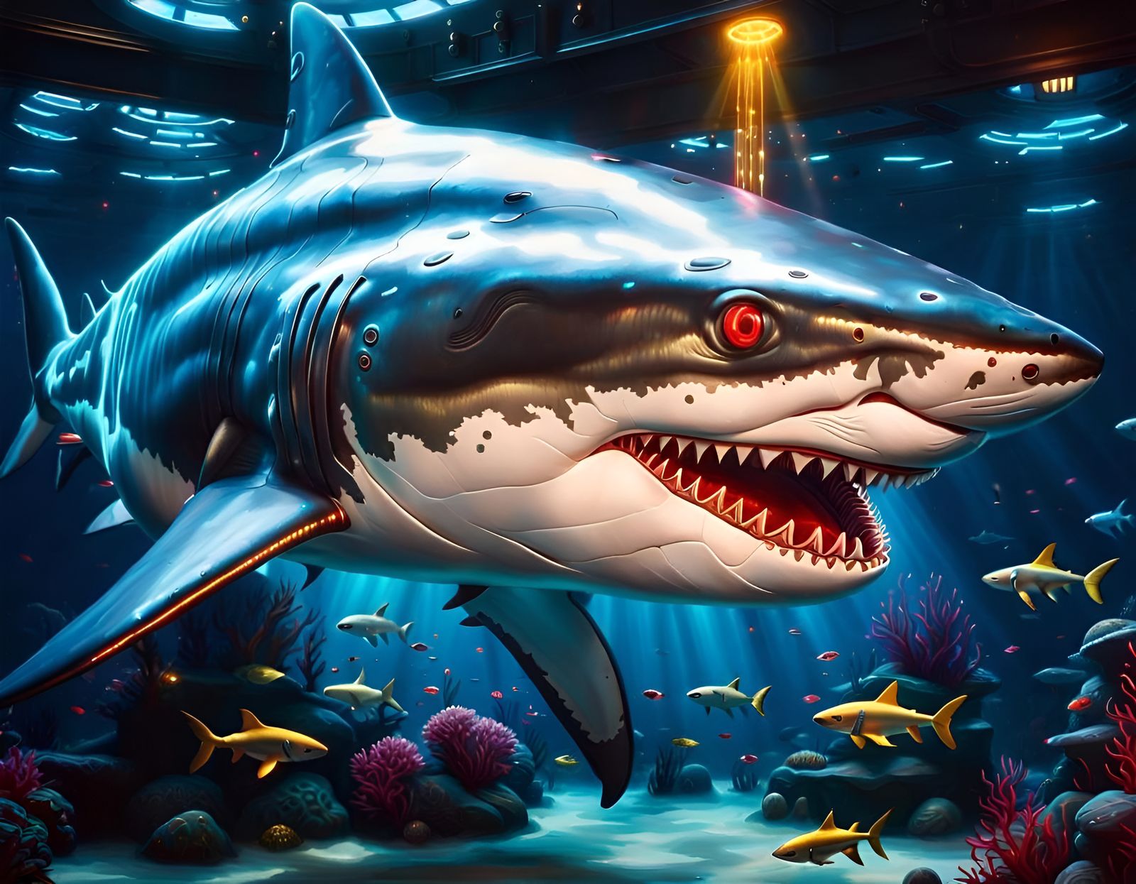 Cyberpunk Robotic Shark with Bioluminescence
