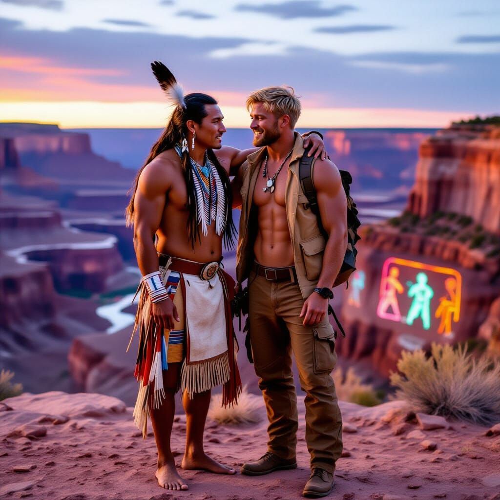 Two Men in High Desert Canyon at Dawn with Glowing Petroglyp...
