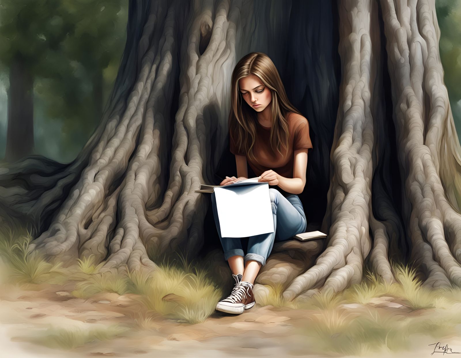Realistic Girl with Notepad Leaning Against Tree