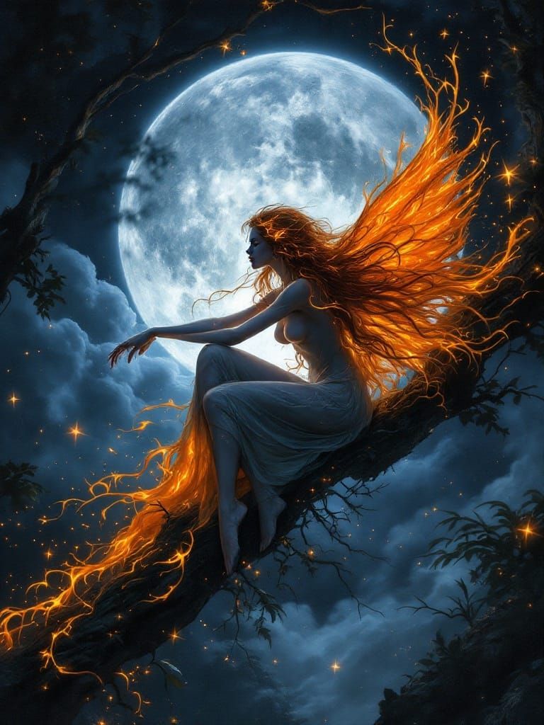Black-Hearted Fairy with Fiery Wings in Moonlit Night