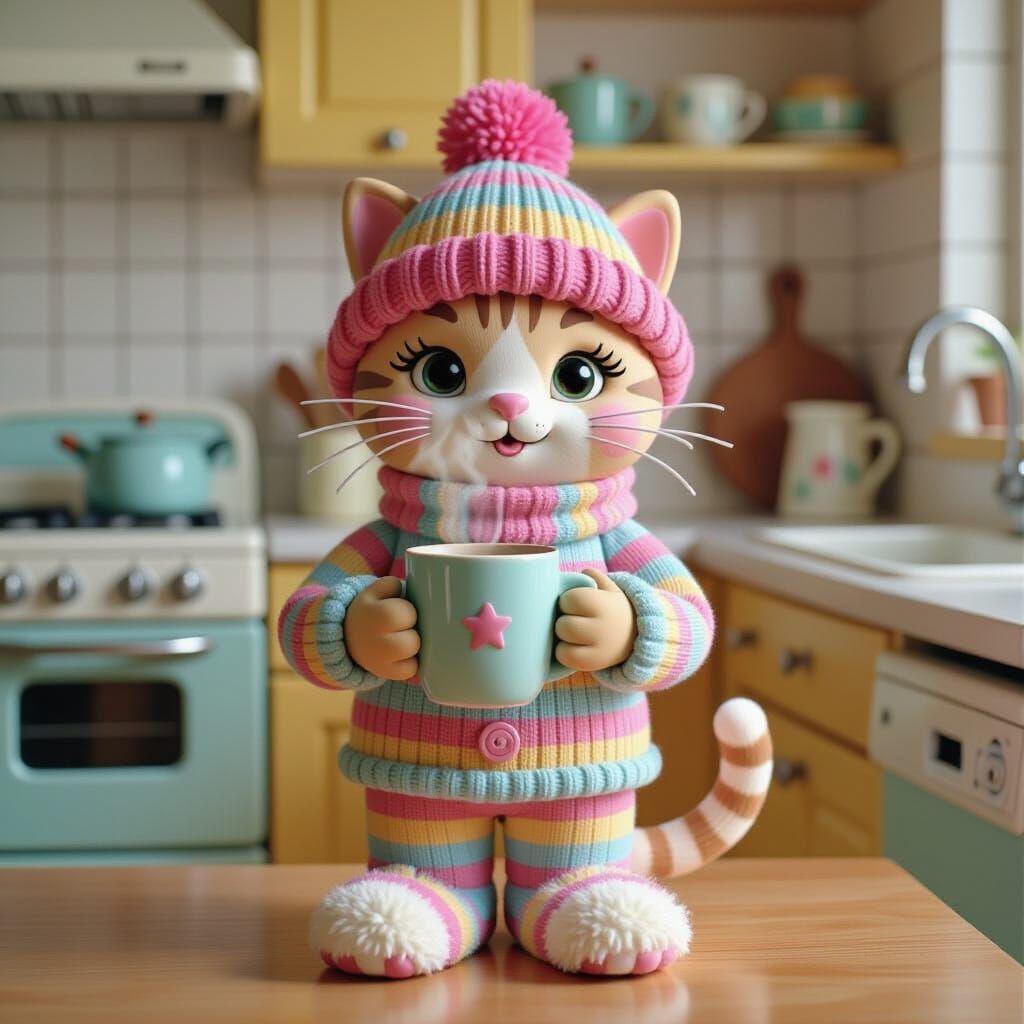 Whimsical Clay Cat in Retro Kitchen, Hyper-Realistic Style