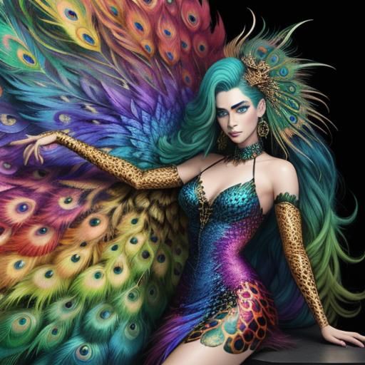 Rainbow Dragon Woman with Peacock Hair, Digital Art