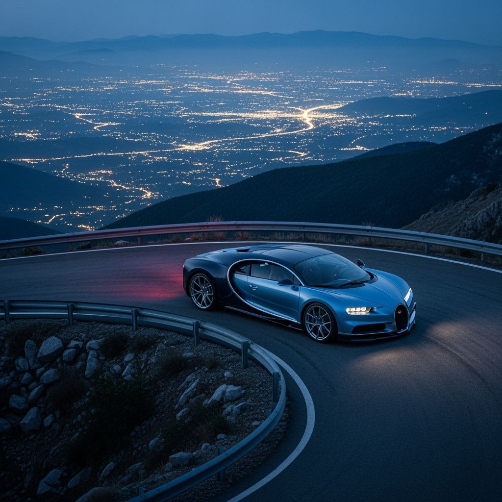 Bugatti Chiron Overlooking City Lights in Futuristic Style