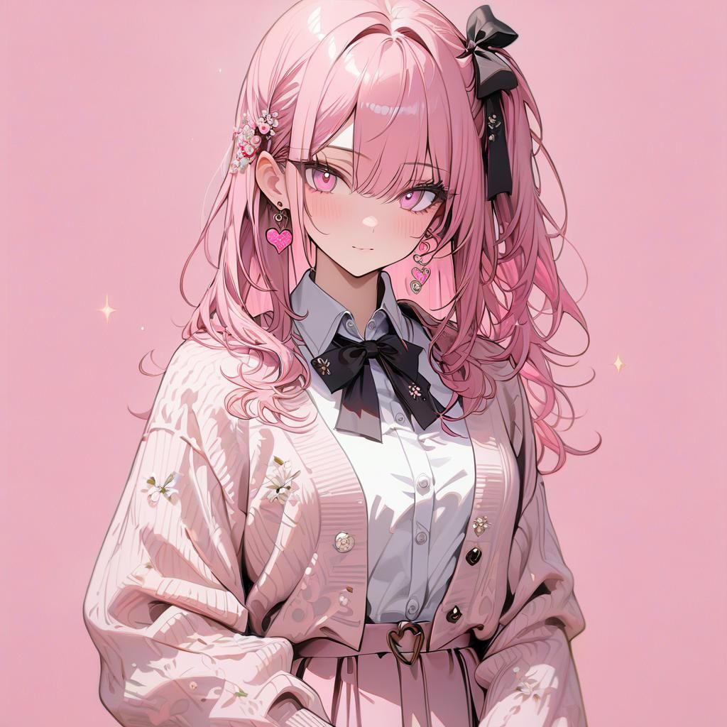 Anime Girl with Pink Hair and Floral Skirt