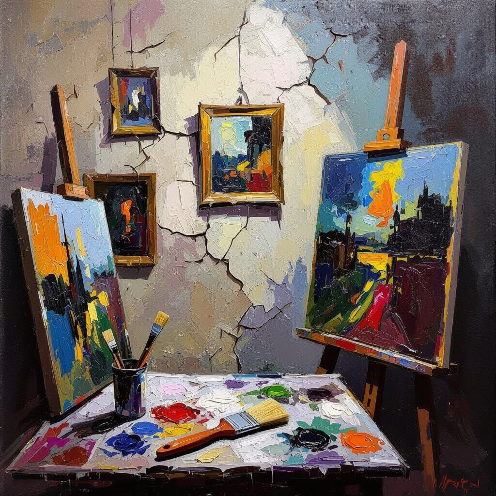 Neo-Impressionist Room Oil Painting with Theatrical Lighting