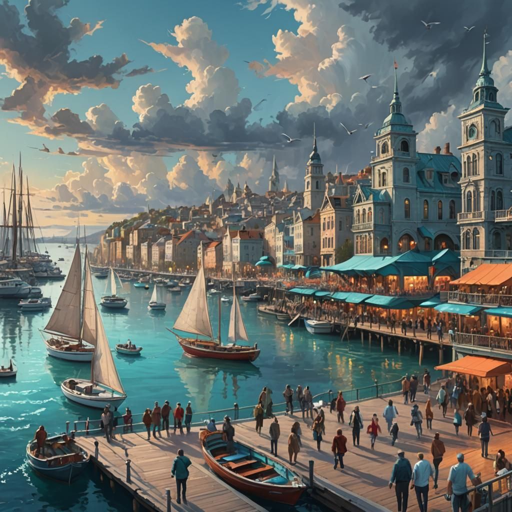 Bustling Port City in Cozy Autumn Atmosphere