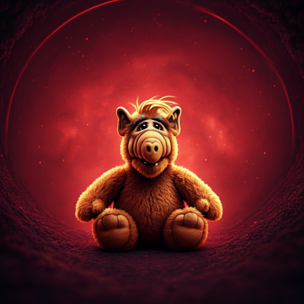 ALF Plush Toy in Red Void: Digital Art