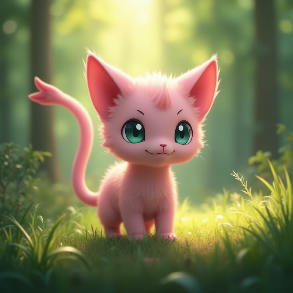 Realistic Mew Pokemon in Naturalistic Forest Photo