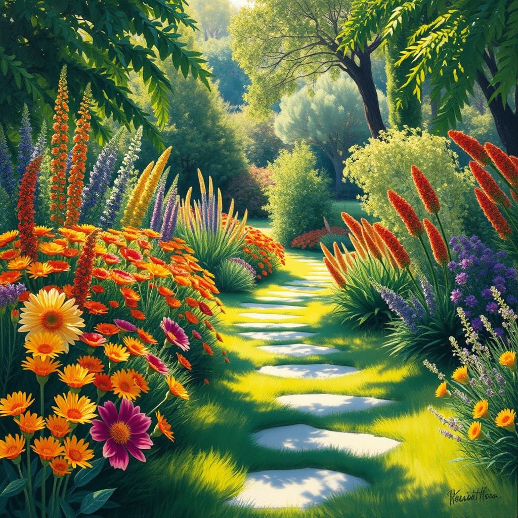 Australian Impressionist Garden Scene with Vibrant Wildflowe...