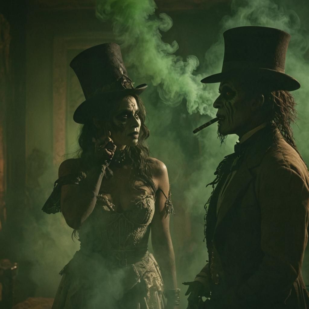 Baron Samedi Scares Woman in Cinematic Film Still