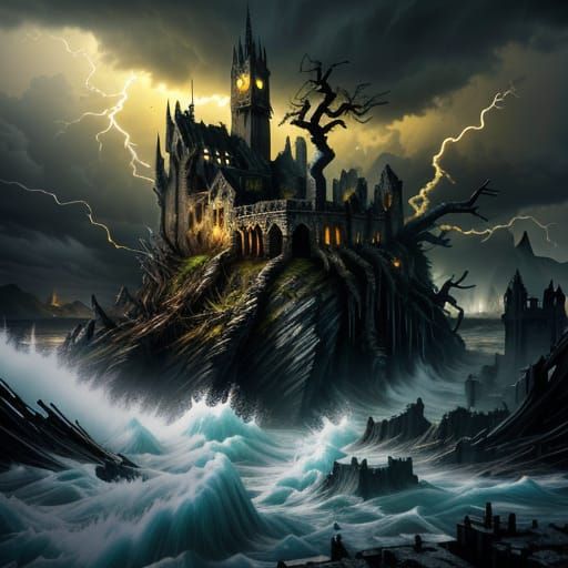 Apocalyptic Torrent Sweeps Through Ruins in Dark Fantasy Art