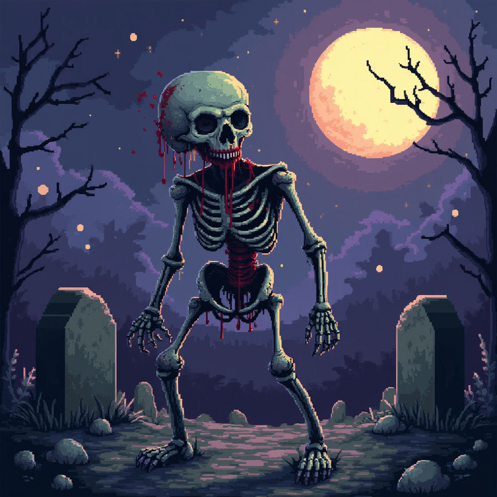 Pixel Art Zombie in Moonlit Graveyard