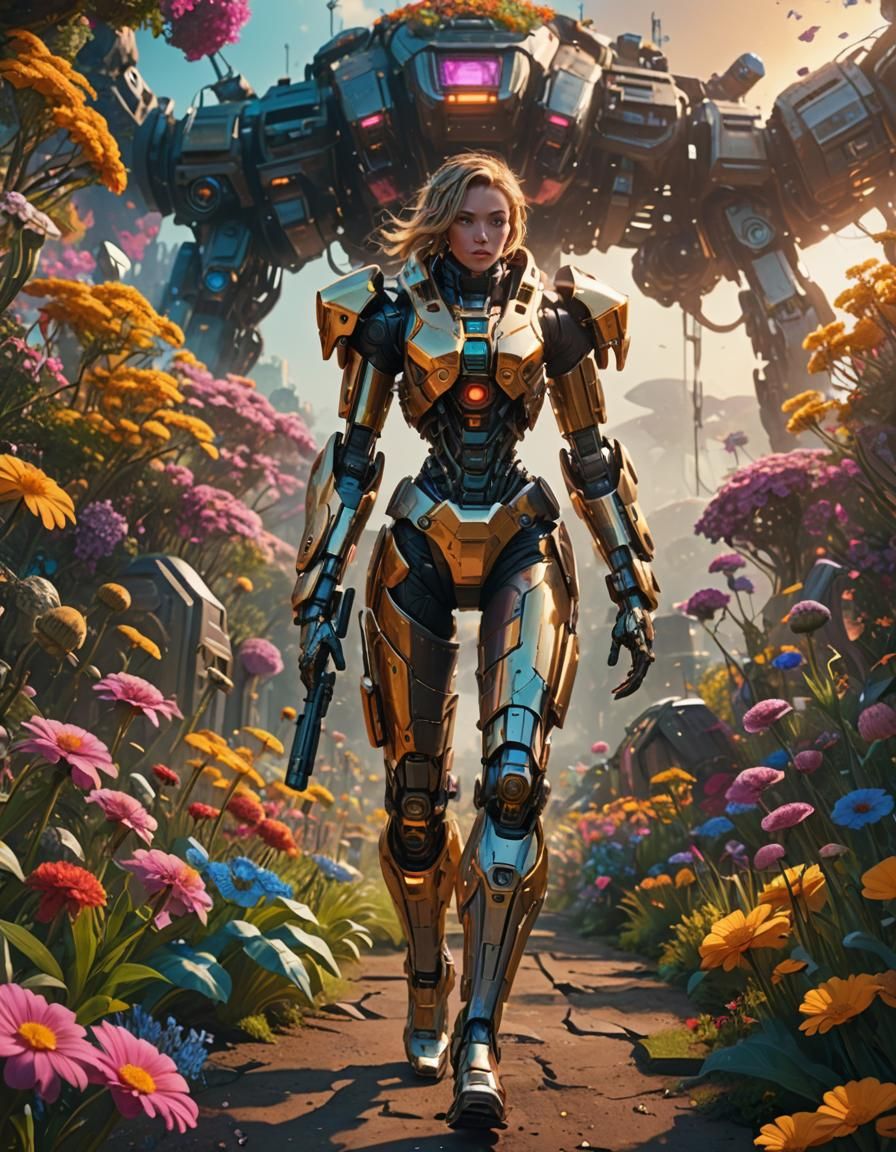 Futuristic Woman in Flower Garden Sci-Fi Concept Art