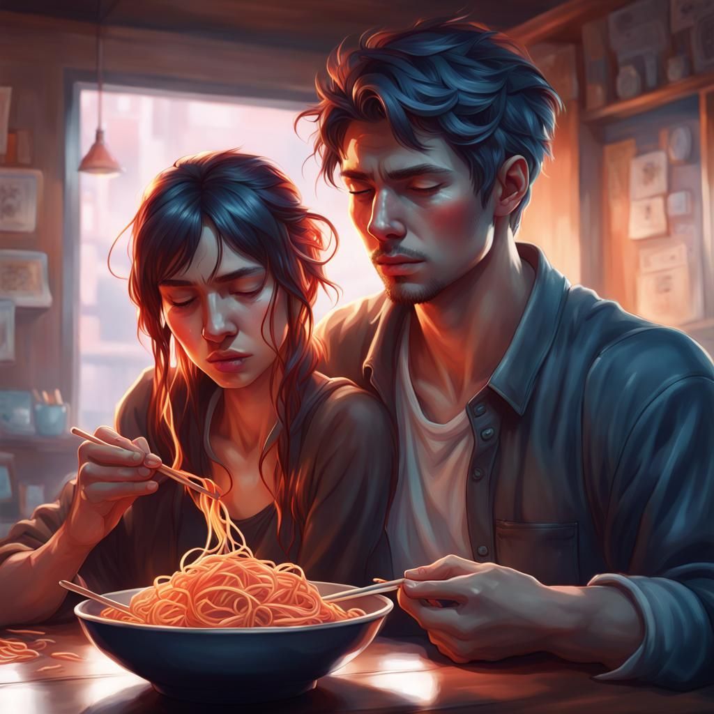 Crying Couple Eating Spicy Noodles: Detailed Digital Portrai...