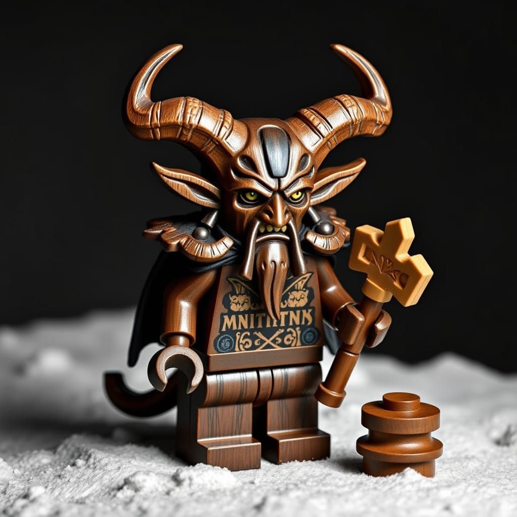 Krampus as a Lego Minifig in Woodcut Style