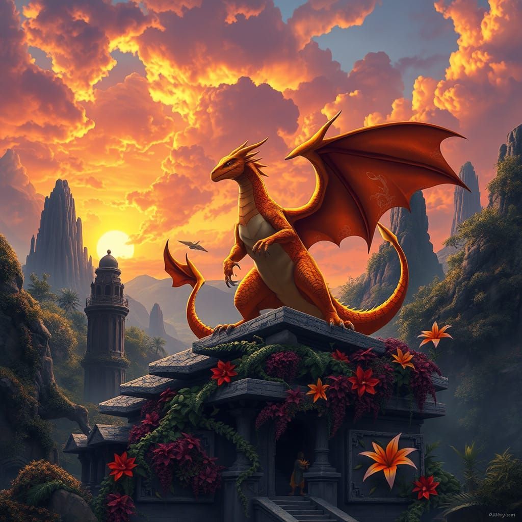 Majestic Charizard Amidst Ancient Ruin in Vibrant Sunset