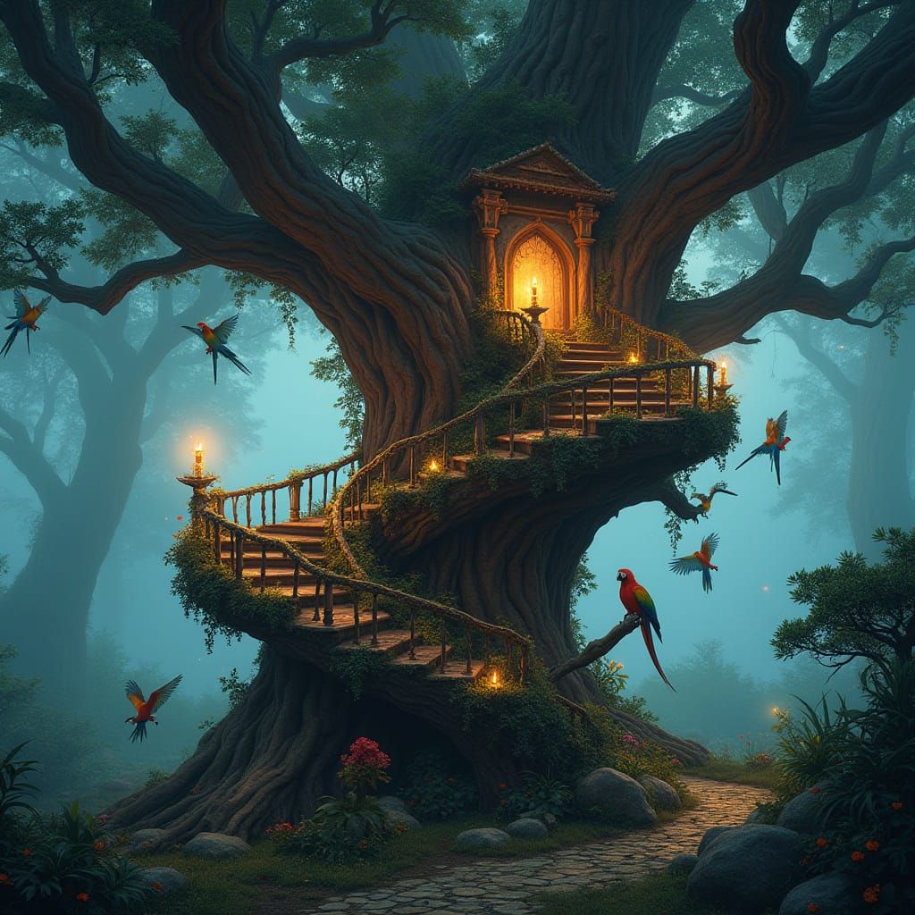 Enchanted Ancient Tree with Cozy Treehouse, Digital Art